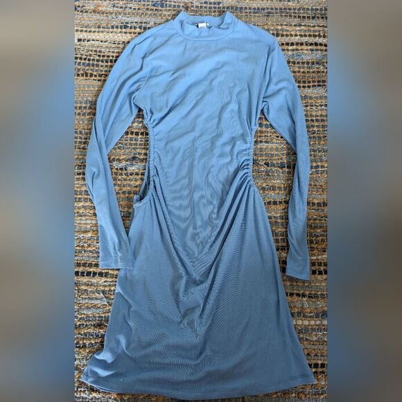 Dress Blue Bodycon L/S Ruched Cut Out Rib Drawstring L Ribbed Stretch Sexy Clubb - Picture 2 of 7